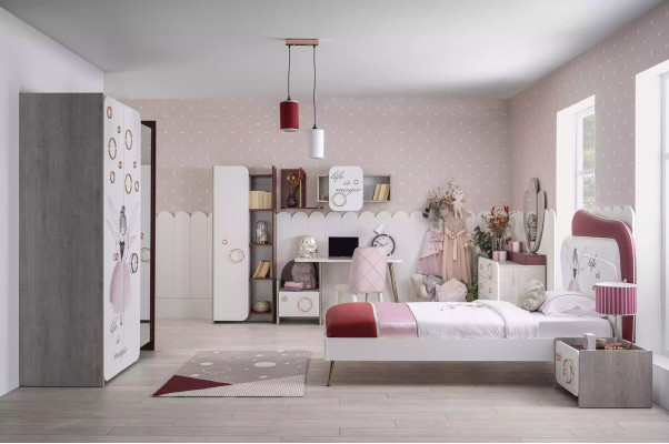 Luxury Childrens room Set Bed Wardrobe Shelf Children Furniture Wood Pink 8pcs