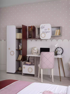 Luxury Childrens room Set Bed Wardrobe Shelf Children Furniture Wood Pink 8pcs