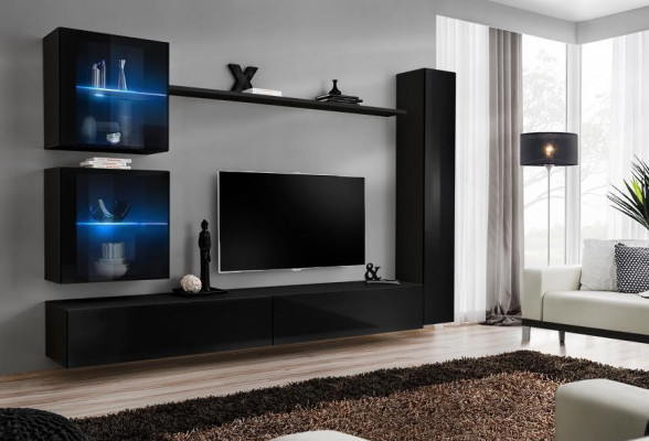 Black Wall unit Complete Set Furnishings Designer Furniture TV Lowboard Modern