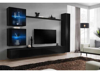 Black Wall unit Complete Set Furnishings Designer Furniture TV Lowboard Modern