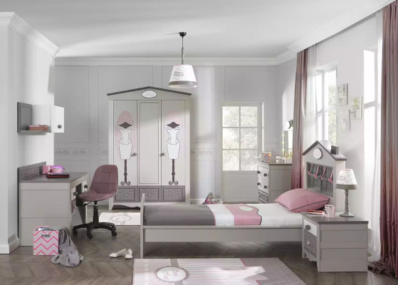 Childrens room Suite Childrens bed Bedroom Wooden furniture Gray Furniture 6pcs