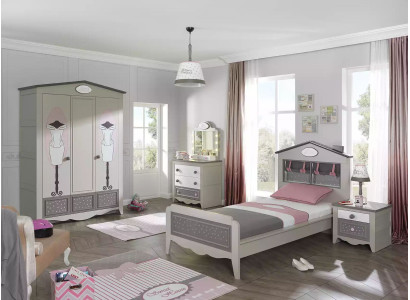 Suite Childrens bed Girls Bed Wooden Furniture Gray Furniture Set 4-piece Wardrobe