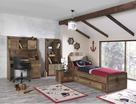 Childrens room Suite Pirate Bed Frame Youth Bed Wood Brown 5-piece set