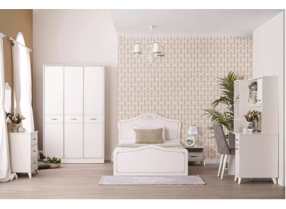 Complete e youth bed, functional bed, pull-out set, 8 pieces, wood white
