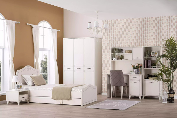 Complete e youth bed, functional bed, pull-out set, 8 pieces, wood white