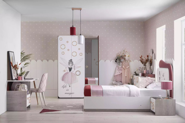 Complete e Kinderfurniture - Children's bed with bed base, Wood Pink Set 6 pieces