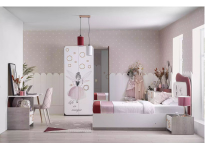 Complete e Kinderfurniture - Children's bed with bed base, Wood Pink Set 6 pieces