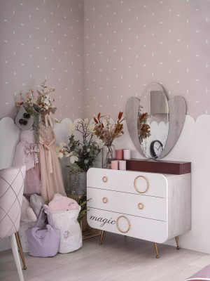 Complete e Kinderfurniture - Children's bed with bed base, Wood Pink Set 6 pieces