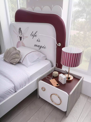 Complete e Kinderfurniture - Children's bed with bed base, Wood Pink Set 6 pieces