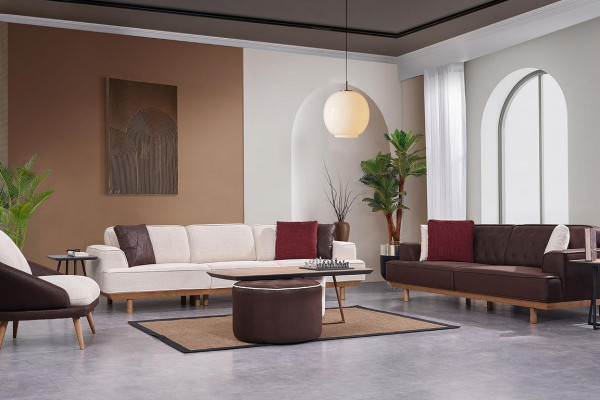 Stylish Brown and White Sofa set Living room Armchair Coffee table Stool