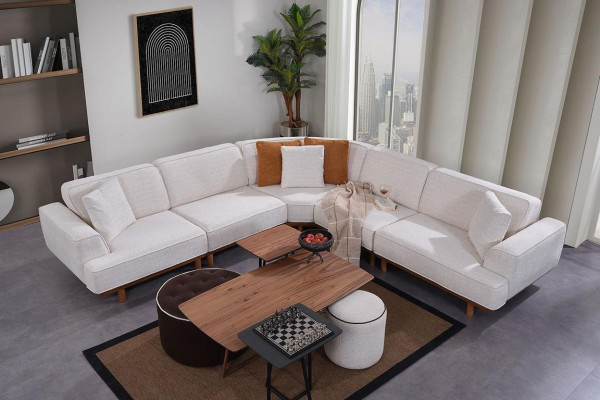 White Living room 6-piece set Designer Upholstery Corner sofa 2x Stool Coffee table
