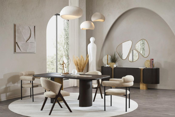 Black -Beige Dining room Suite Rectangular Dining table 4x Chairs Mirror