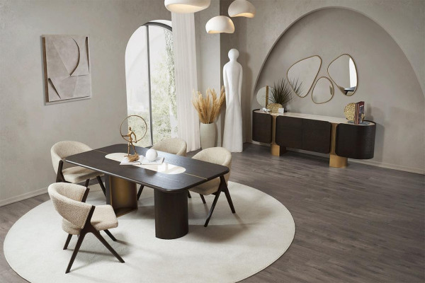 Black -Beige Dining room Suite Rectangular Dining table 4x Chairs Mirror