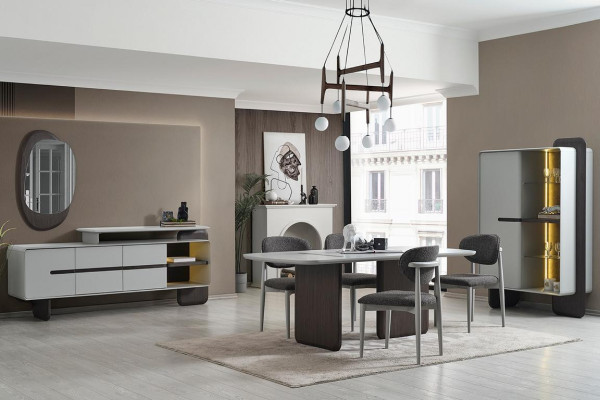 Gray-White Dining room Furniture Dining table 4x Luxury Chairs Designer Display case