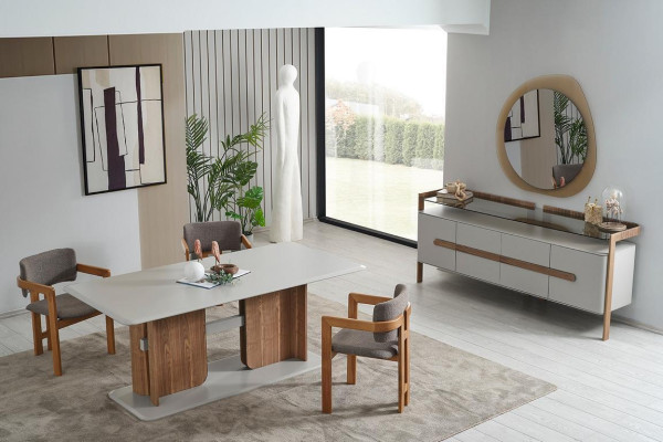 Brown-White Dining room Set Dining table 4x Chairs Chest of drawers Designer Dining set