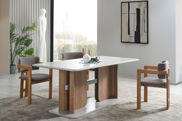Brown-White Dining room Set Dining table 4x Chairs Chest of drawers Designer Dining set