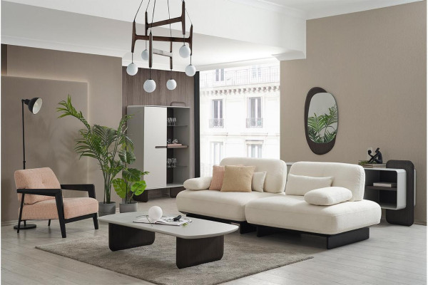 Elegant Living room Set White Upholstered Sofa Textile Armchair Coffee table