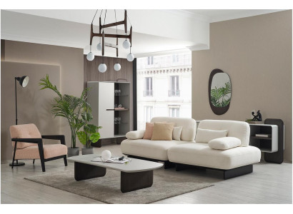 Elegant Living room Set White Upholstered Sofa Textile Armchair Coffee table