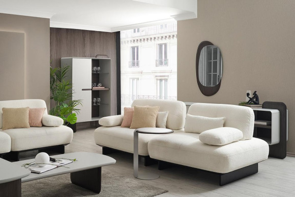 Elegant Living room Set White Upholstered Sofa Textile Armchair Coffee table