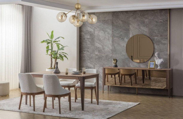 Luxurious dining room suite Rectangular dining table 6x textile chairs 9 pieces