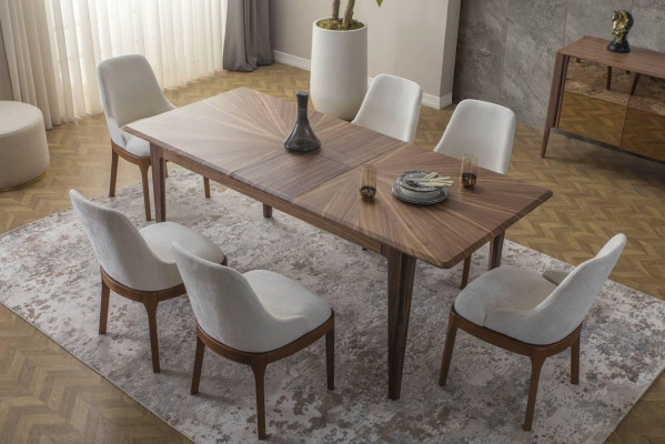 Luxurious dining room suite Rectangular dining table 6x textile chairs 9 pieces