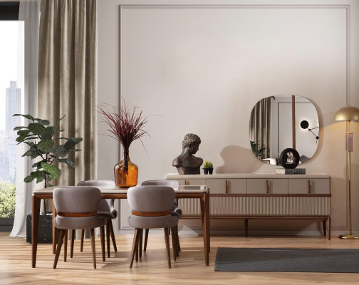 Modern dining room set designer dining table 4x upholstered chairs luxury sideboard