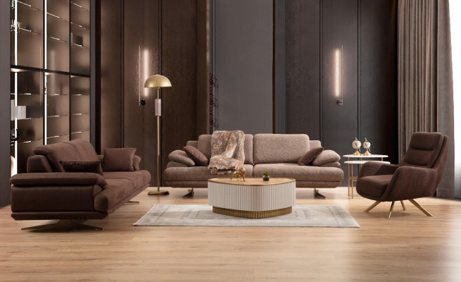 Brown Living room Sofas Designer 3+3+1 Seater Suite Single Seater 3pcs