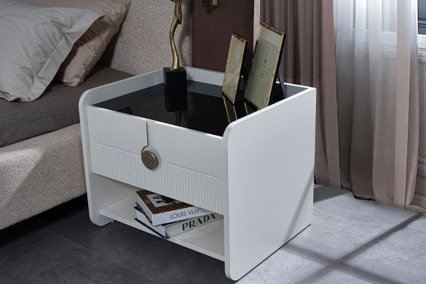 Gray and white Bedroom Suite Designer Upholstery Double bed Bedside table