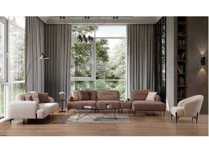 Modern Brown and White Sofa set 3 Seater Fabric Armchair L-shape Corner sofa