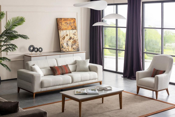 White exclusive Living room Textile Suite 3-Seater Luxury Armchair 2-piece