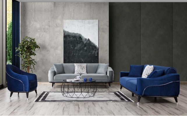 Blue e Design Couch Three Seater Luxury Sofa Velvet Furniture Fabric Textile