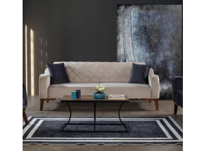 Beige three-seater couch, elegant sofa, living room, seating furniture, velvet
