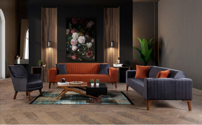 Orange three-seater couch, elegant sofa, seating furniture, living room, velvet