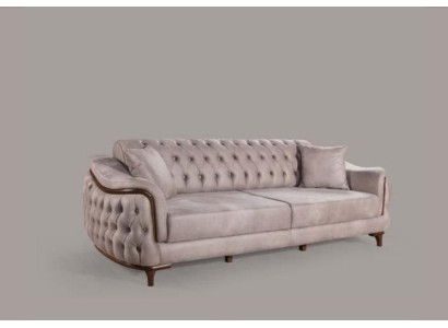 Beige Chesterfield Couch Three Seater Seat Cushion Sofa Furniture Velvet Wood