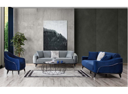 Sofa set 3+3+1 Seat Sofas Upholstery Couches Wood gray Blue Velvet