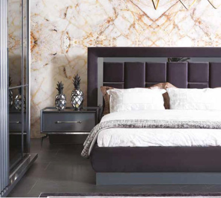 Modern Bedroom Set Gray Bed 2x Bedside table Wardrobe Chest of drawers 5pcs.