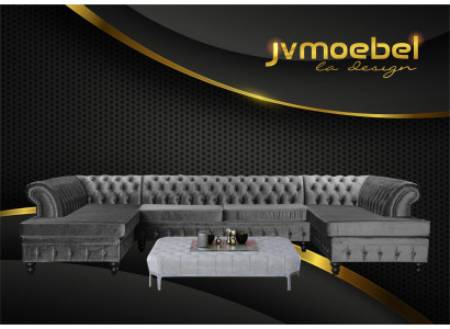 Set Luxury Modern Corner sofa U-shape Chesterfield and Coffee table Living room Textile