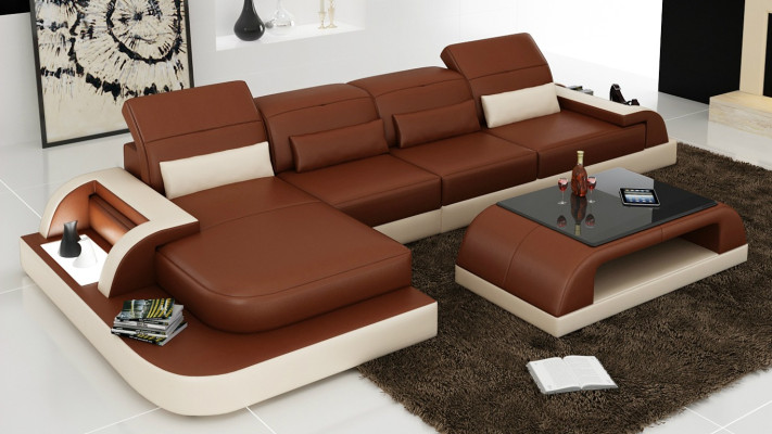 Brown L-shape Sofa Couch Upholstery Suite Living landscape Design Corner sofa Leather