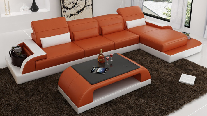 Brown L-shape Sofa Couch Upholstery Suite Living landscape Design Corner sofa Leather