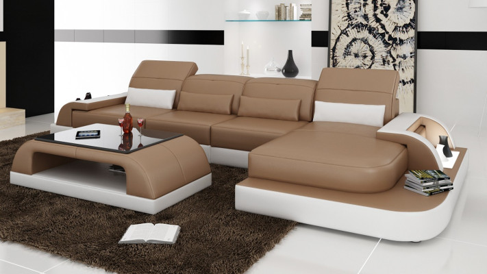Brown L-shape Sofa Couch Upholstery Suite Living landscape Design Corner sofa Leather