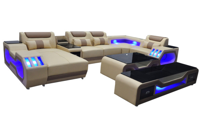 Leather Sofas Corner Suite Design Sofa Living landscape + Couch Table + TV-cabinet USB new
