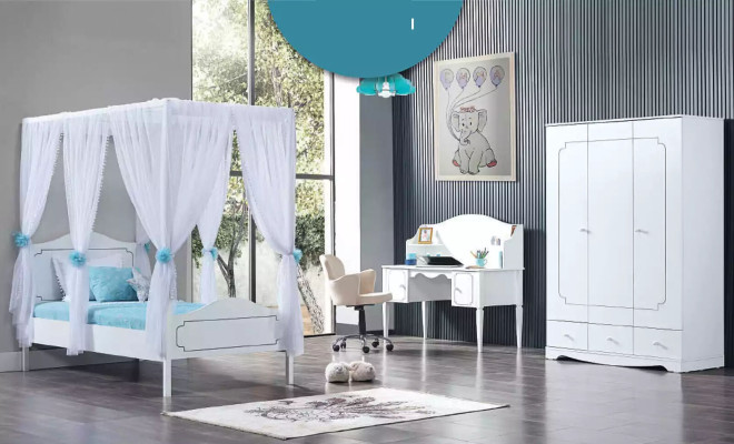 Childrens room Bedroom Bed Four poster bed 100x200cm White Wood Beds
