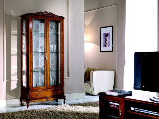 Designer Luxury Wood Display Case Brown 2 Glass Doors 1 Drawer Italian Furniture