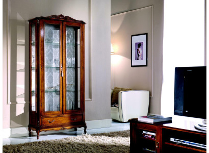 Designer Luxury Wood Display Case Brown 2 Glass Doors 1 Drawer Italian Furniture