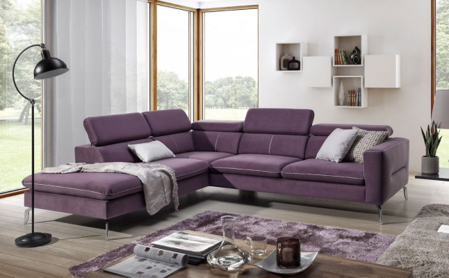 A functional, stylish corner sofa in a modern style for your home in purple luxury upholstery