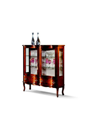 Designer Luxury Wood Display Case Brown 2 Glass Doors 2 Drawer Italian Furniture