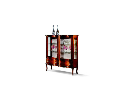 Designer Luxury Wood Display Case Brown 2 Glass Doors 2 Drawer Italian Furniture