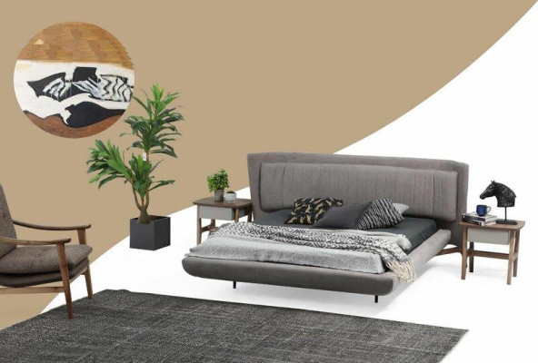 Suite Bedroom Double bed Bed Bedside tables Gray Set 3pcs Fabric