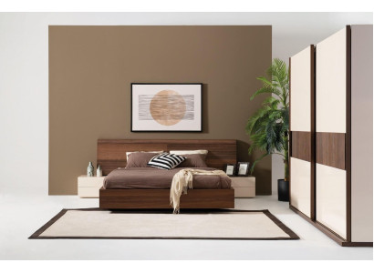 Stylish modern bed with two bedside tables made of natural wood