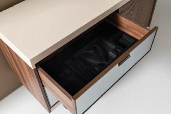 Stylish modern bed with two bedside tables made of natural wood